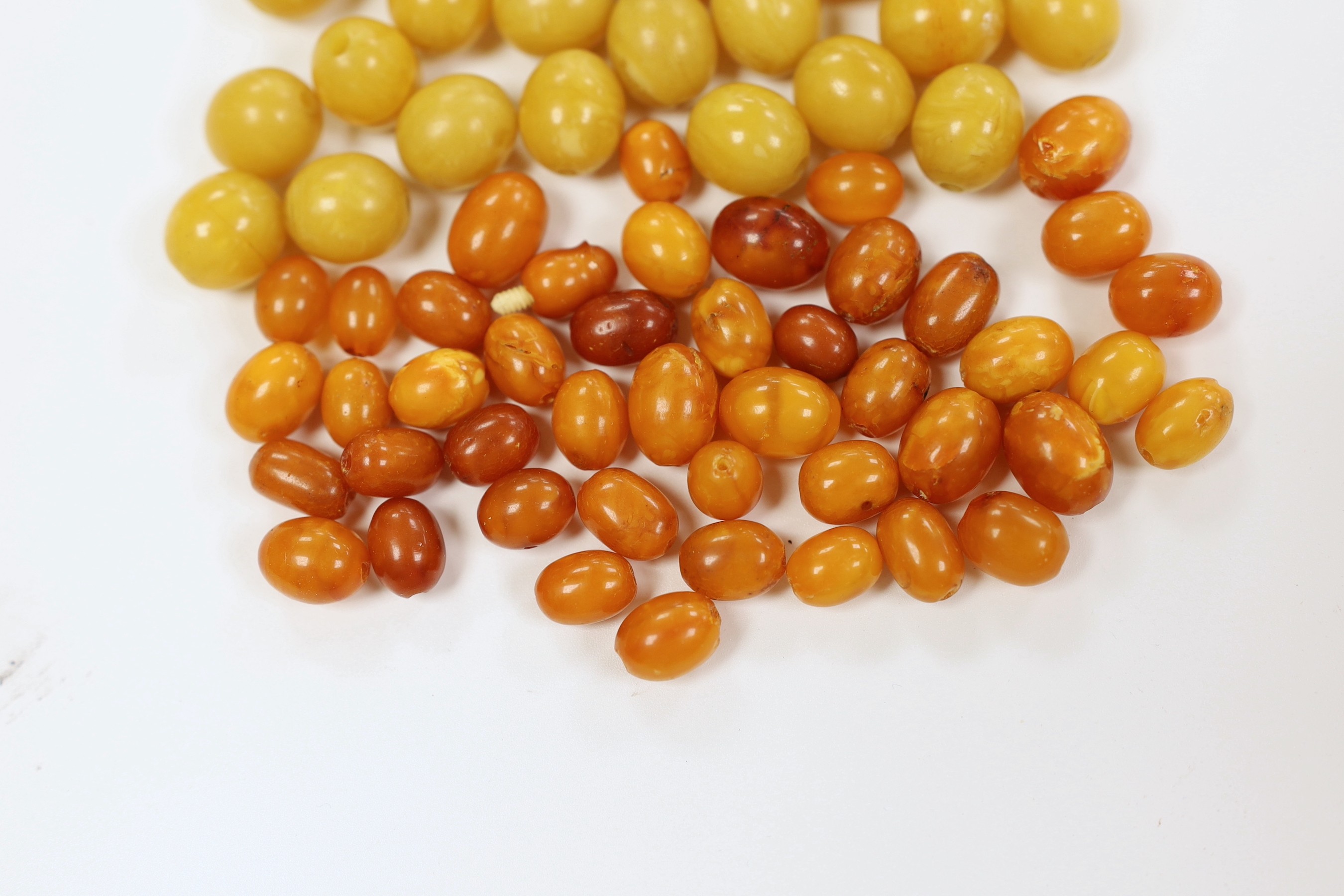 A group of loosed butterscotch amber beads, gross 31 grams, a group of loose yellow amber beads and a group of loose simulated cherry amber beads.